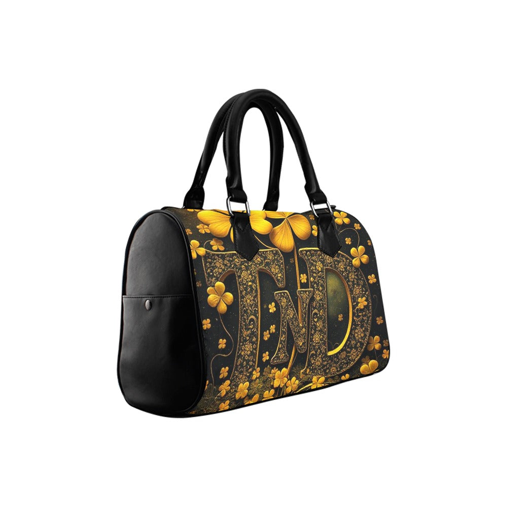 Barrel Type Handbag-Gold/Black 4 Leaf Clover TnD Logo