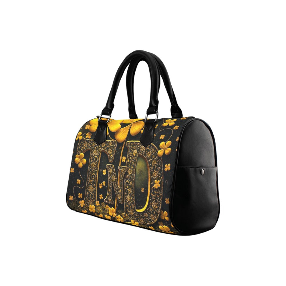 Barrel Type Handbag-Gold/Black 4 Leaf Clover TnD Logo