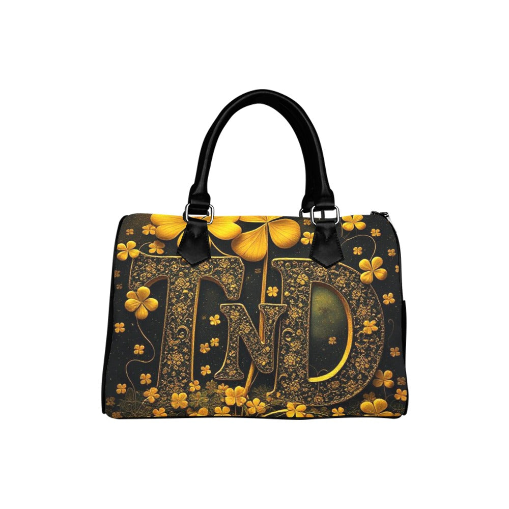 Barrel Type Handbag-Gold/Black 4 Leaf Clover TnD Logo