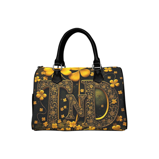 Barrel Type Handbag-Gold/Black 4 Leaf Clover TnD Logo