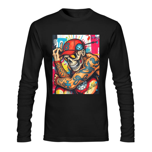 Custom Gildan Men's Long sleeve T-shirt-Multi Color Calavera/Tattoos Urban Art-Toxic N Disorderly LA Graffiti Art Wear